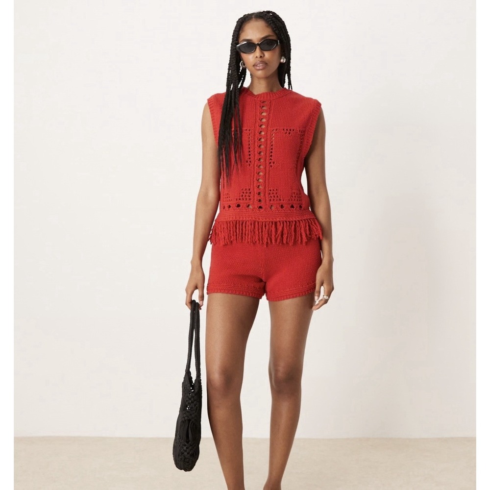 ASOS DESIGN fringed tank & shorts with open stitch detail set in red Size M